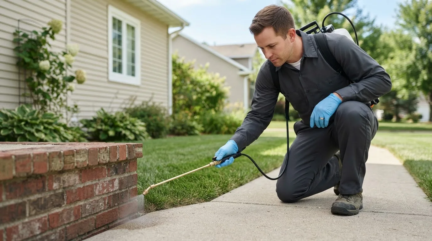 Pest control technician treating a home near Darien Center, NY
